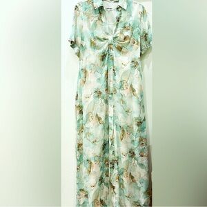 Calvin Klein Elegant Mint Green Floral Print Long Maxi Button Front Dress 10